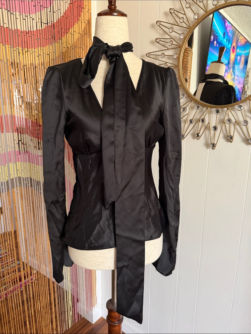 Zara Black Satin Tie-Neck Blouse